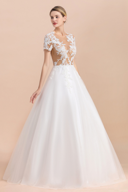 BMbridal Sexy See Through Tulle Appliques Short Sleeves Wedding Dress