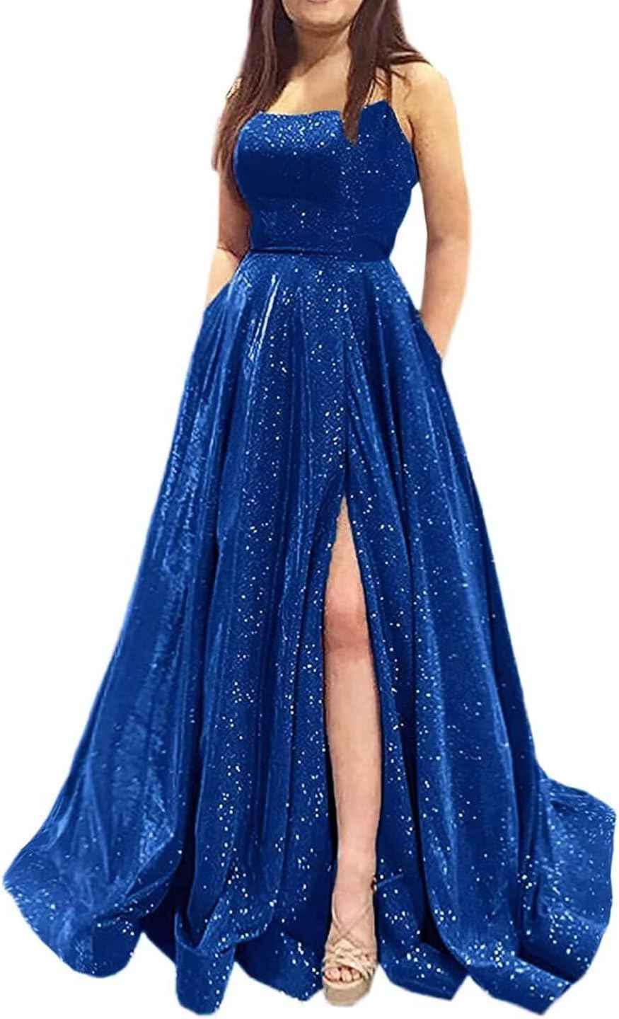 Prom Dresses Long A Line with Pockets Formal Evening Ball Gowns Side Slit Glitter Party Dress bmbridal