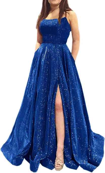 Prom Dresses Long A Line with Pockets Formal Evening Ball Gowns Side Slit Glitter Party Dress bmbridal
