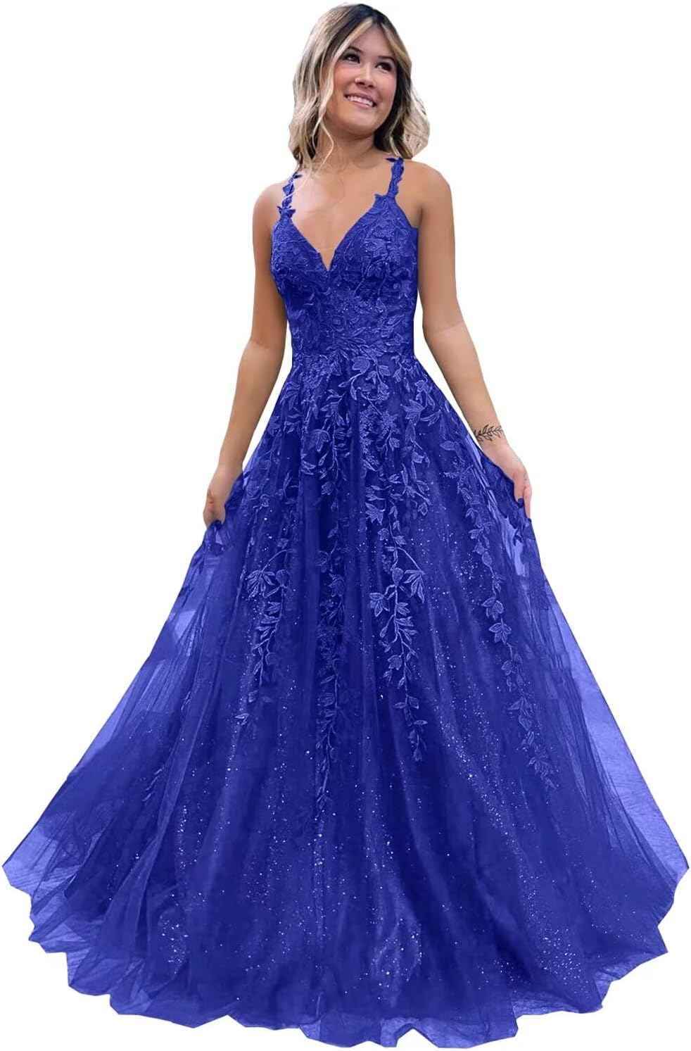 Tulle Lace Appliques Sparkly Prom Dresses A Line with Slit V Neck Formal Party Dress bmbridal