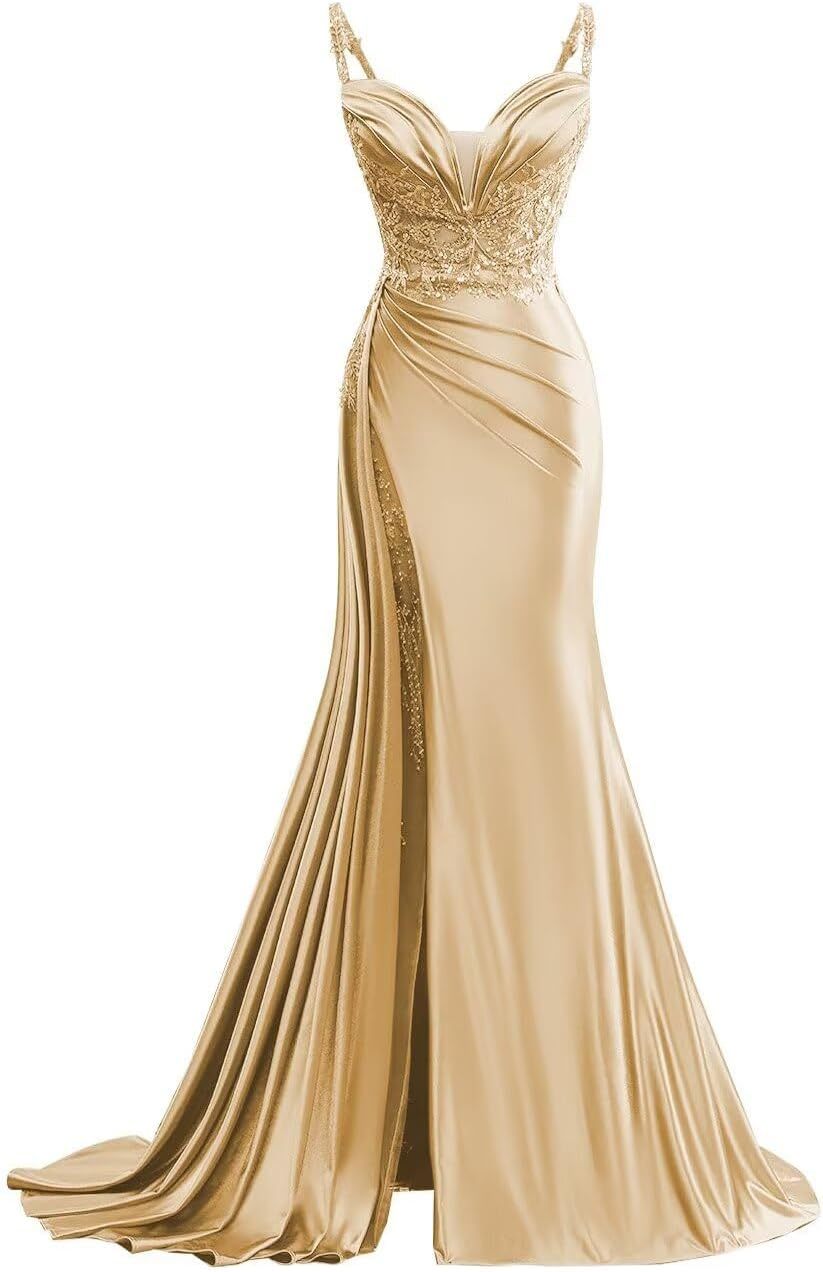 V Neck Satin Prom Dresses Long Mermaid Lace Evening Gown with Slit Pleated Bodycon Formal Dress with Tail bmbridal
