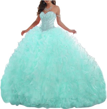 Women's Organza Ruffles Quinceanera Beaded Sweetheart Prom Ball Gown bmbridal