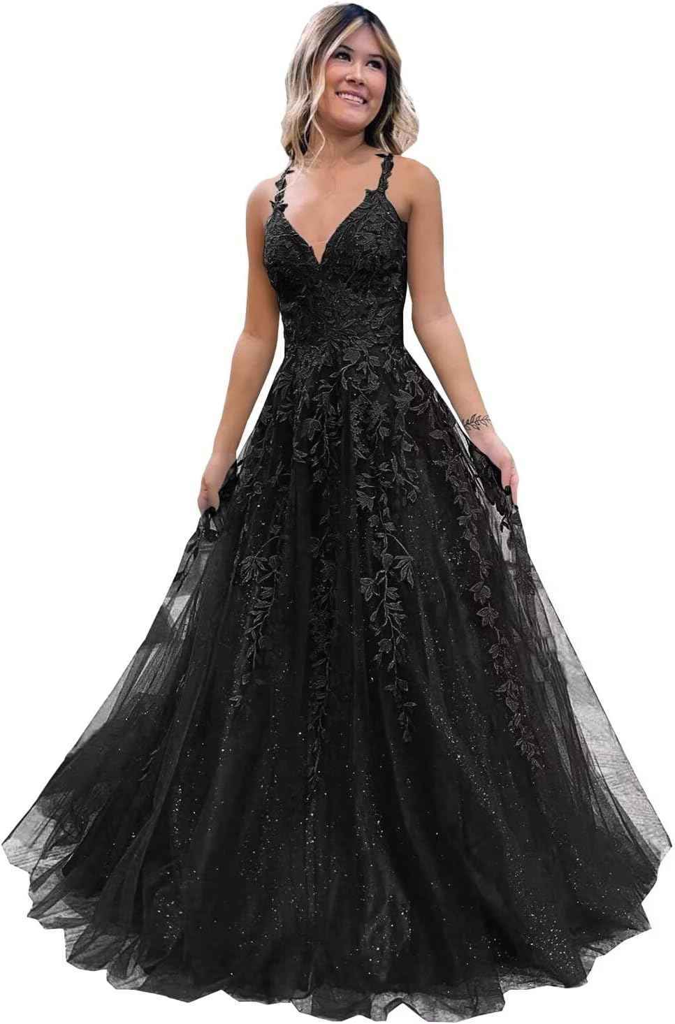Tulle Lace Appliques Sparkly Prom Dresses A Line with Slit V Neck Formal Party Dress bmbridal