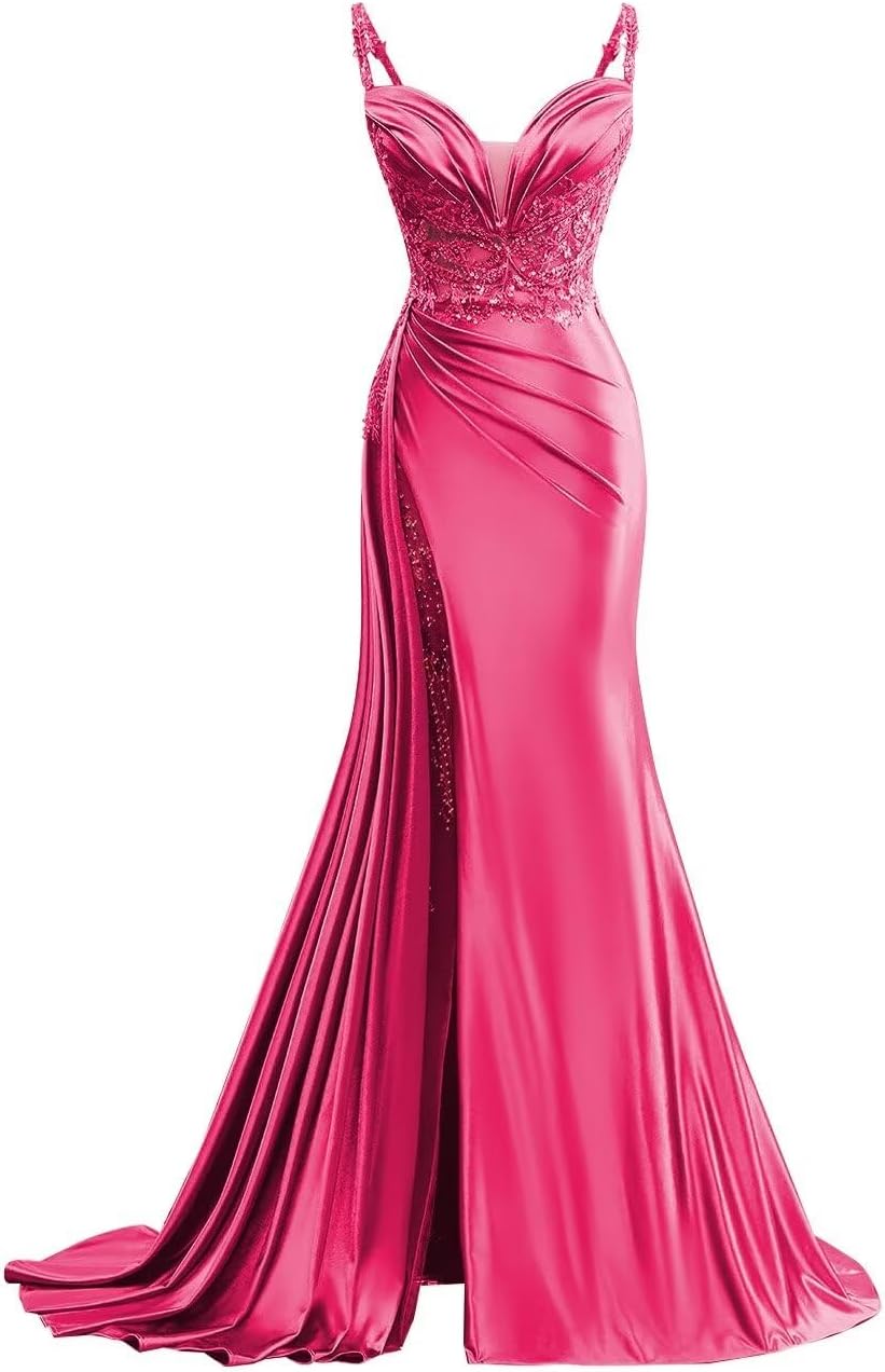V Neck Satin Prom Dresses Long Mermaid Lace Evening Gown with Slit Pleated Bodycon Formal Dress with Tail bmbridal