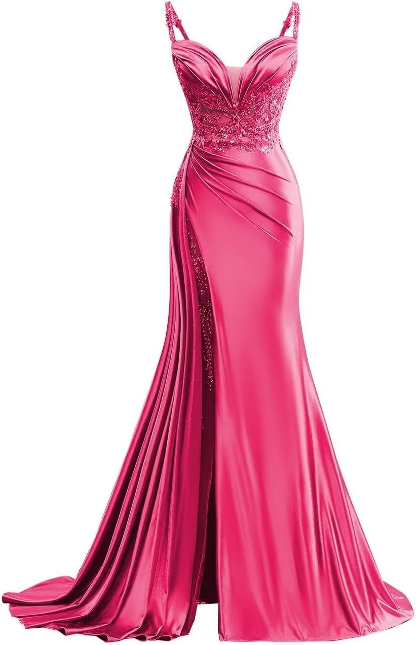 V Neck Satin Prom Dresses Long Mermaid Lace Evening Gown with Slit Pleated Bodycon Formal Dress with Tail bmbridal