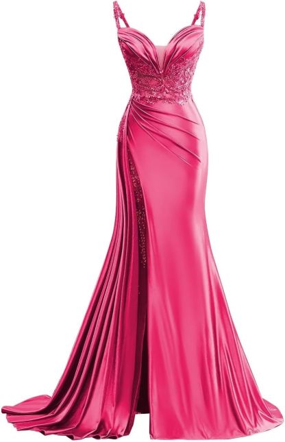 V Neck Satin Prom Dresses Long Mermaid Lace Evening Gown with Slit Pleated Bodycon Formal Dress with Tail bmbridal