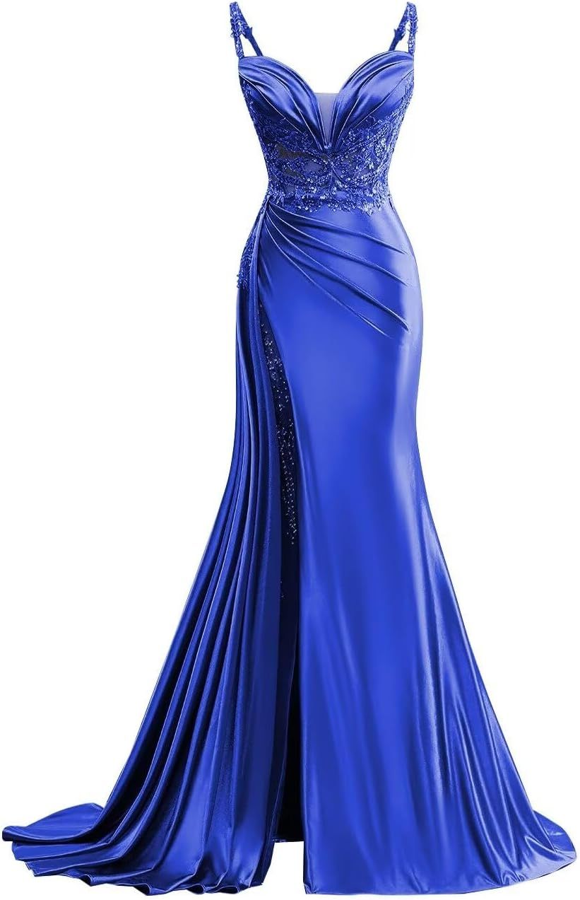 V Neck Satin Prom Dresses Long Mermaid Lace Evening Gown with Slit Pleated Bodycon Formal Dress with Tail bmbridal