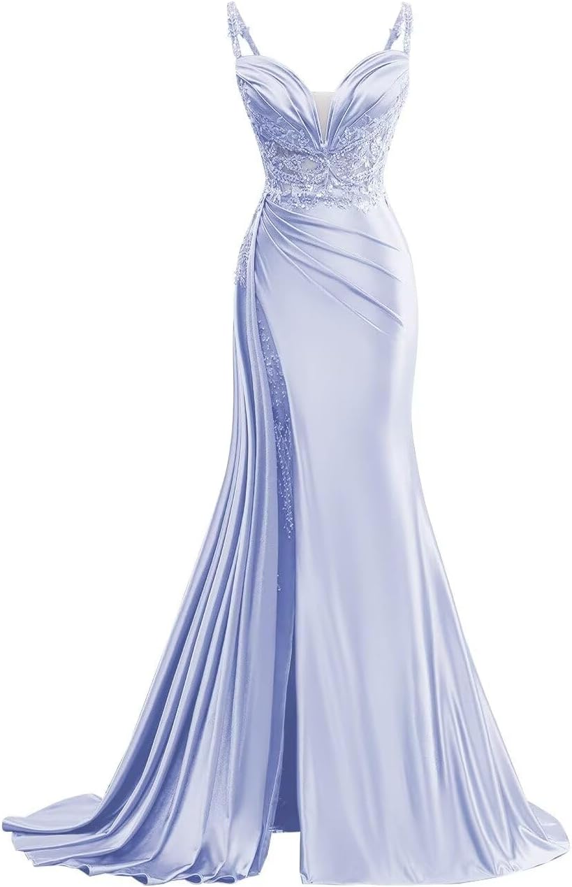 V Neck Satin Prom Dresses Long Mermaid Lace Evening Gown with Slit Pleated Bodycon Formal Dress with Tail bmbridal