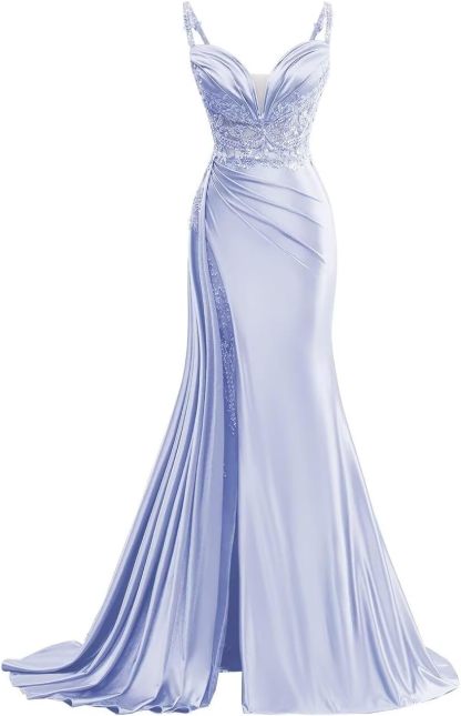 V Neck Satin Prom Dresses Long Mermaid Lace Evening Gown with Slit Pleated Bodycon Formal Dress with Tail bmbridal