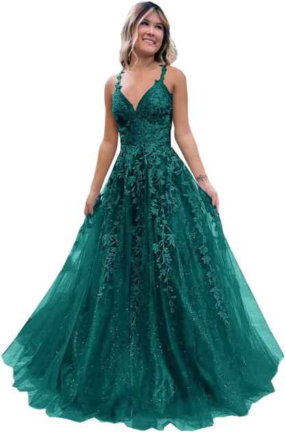 Tulle Lace Appliques Sparkly Prom Dresses A Line with Slit V Neck Formal Party Dress bmbridal