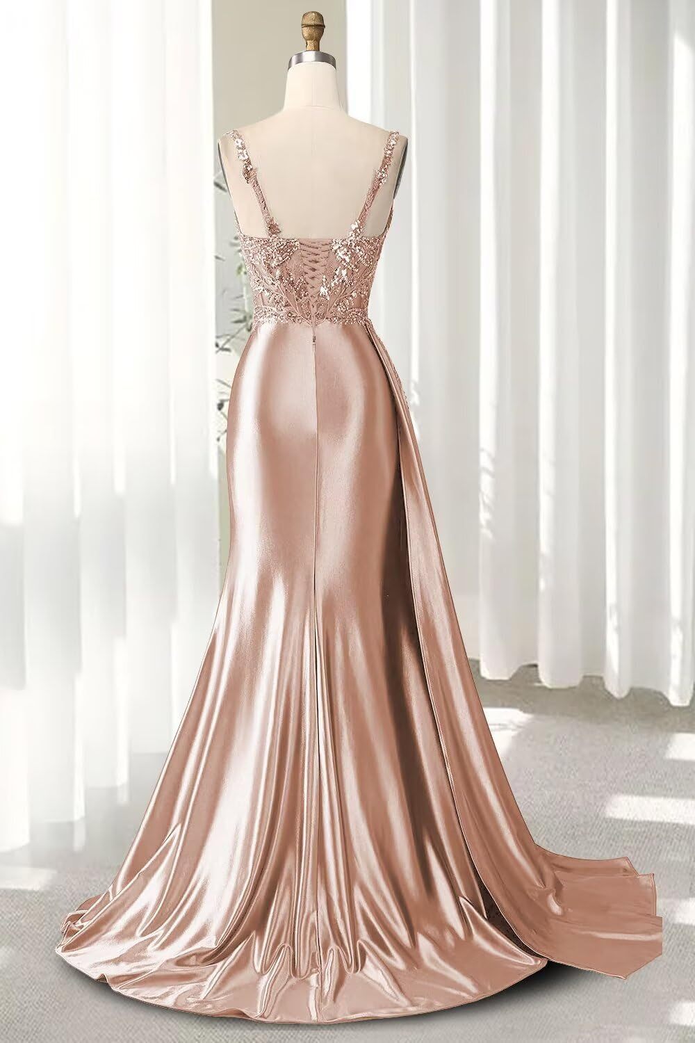 V Neck Satin Prom Dresses Long Mermaid Lace Evening Gown with Slit Pleated Bodycon Formal Dress with Tail bmbridal