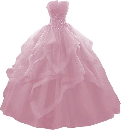 Prom Dress Long Ruffles Ball Gown Quinceanera Dresses Strapless Lace Tulle Beaded Princess Evening Dress bmbridal
