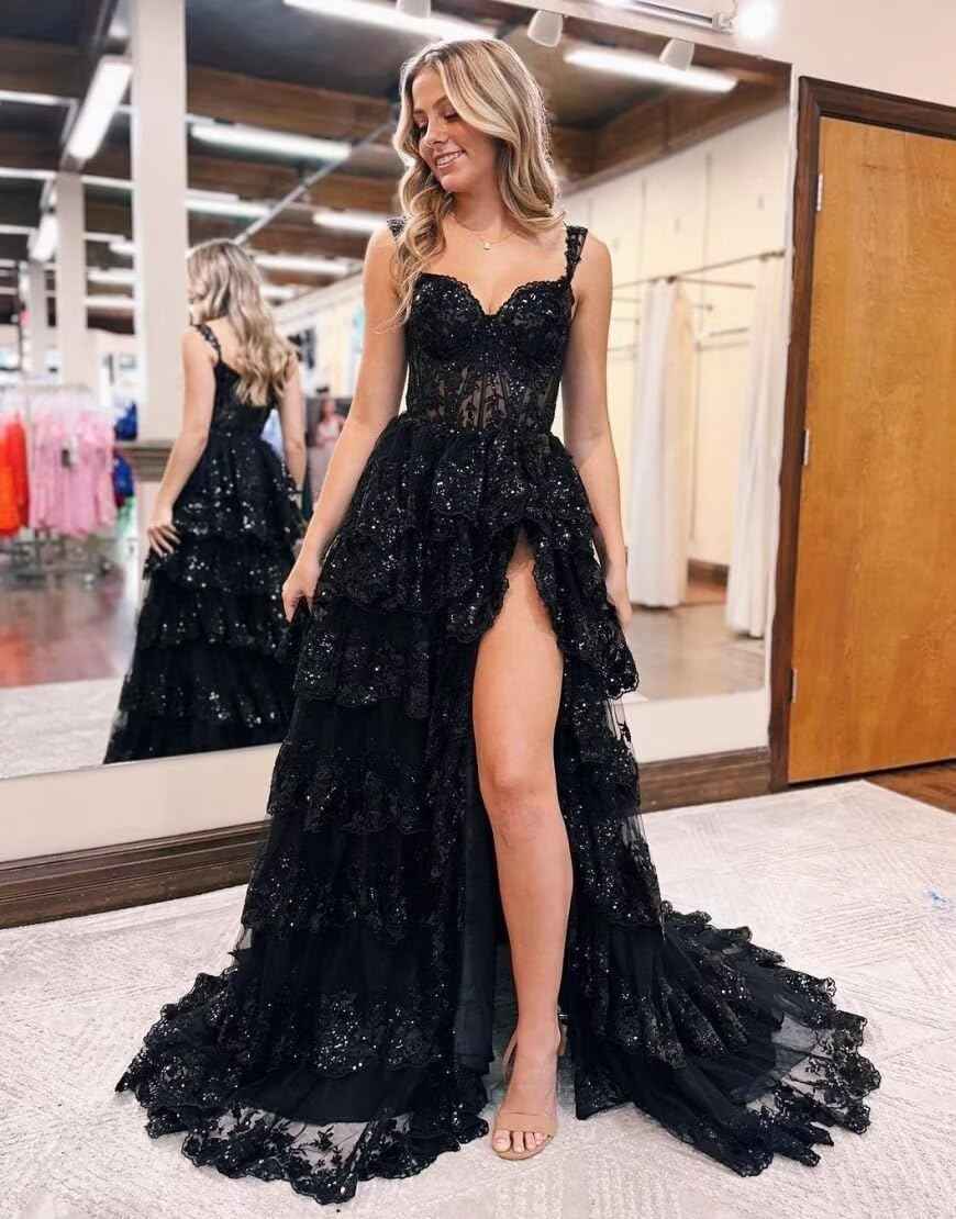 Sparkly Tiered Lace Tulle Prom Dresses Long 2025 Spaghetti Straps Formal Corset Evening Gown with Slit bmbridal