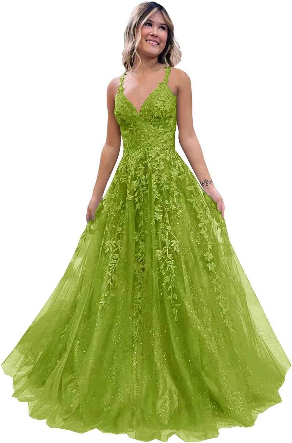 Tulle Lace Appliques Sparkly Prom Dresses A Line with Slit V Neck Formal Party Dress bmbridal