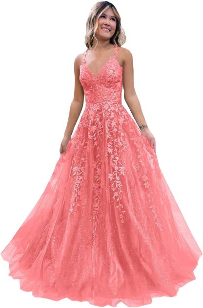 Tulle Lace Appliques Sparkly Prom Dresses A Line with Slit V Neck Formal Party Dress bmbridal