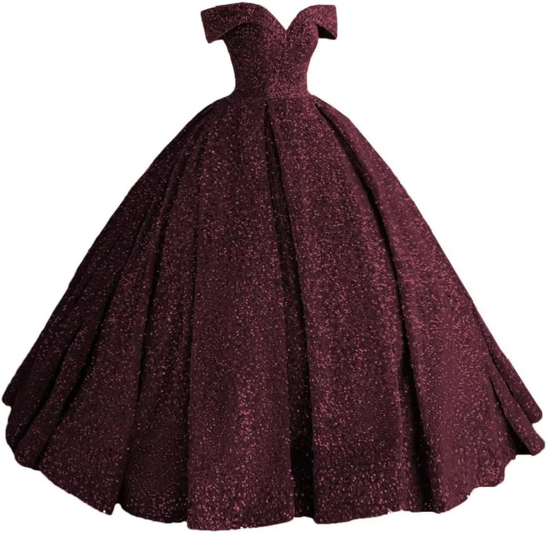 Sparkly Sequin Prom Dresses Long Ball Gown Off Shoulder Quinceanera Dresses Puffy Glitter Evening Party Dresses bmbridal