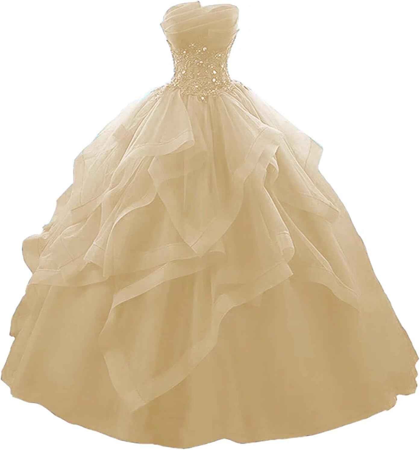 Prom Dress Long Ruffles Ball Gown Quinceanera Dresses Strapless Lace Tulle Beaded Princess Evening Dress bmbridal