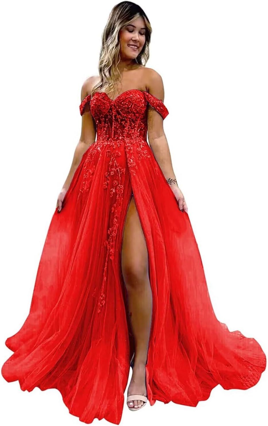 Off The Shoulder Tulle Prom Dresses with Slit Laces Applique Sweetheart Long Formal Evening Party Gowns bmbridal
