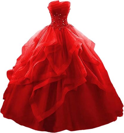 Prom Dress Long Ruffles Ball Gown Quinceanera Dresses Strapless Lace Tulle Beaded Princess Evening Dress bmbridal