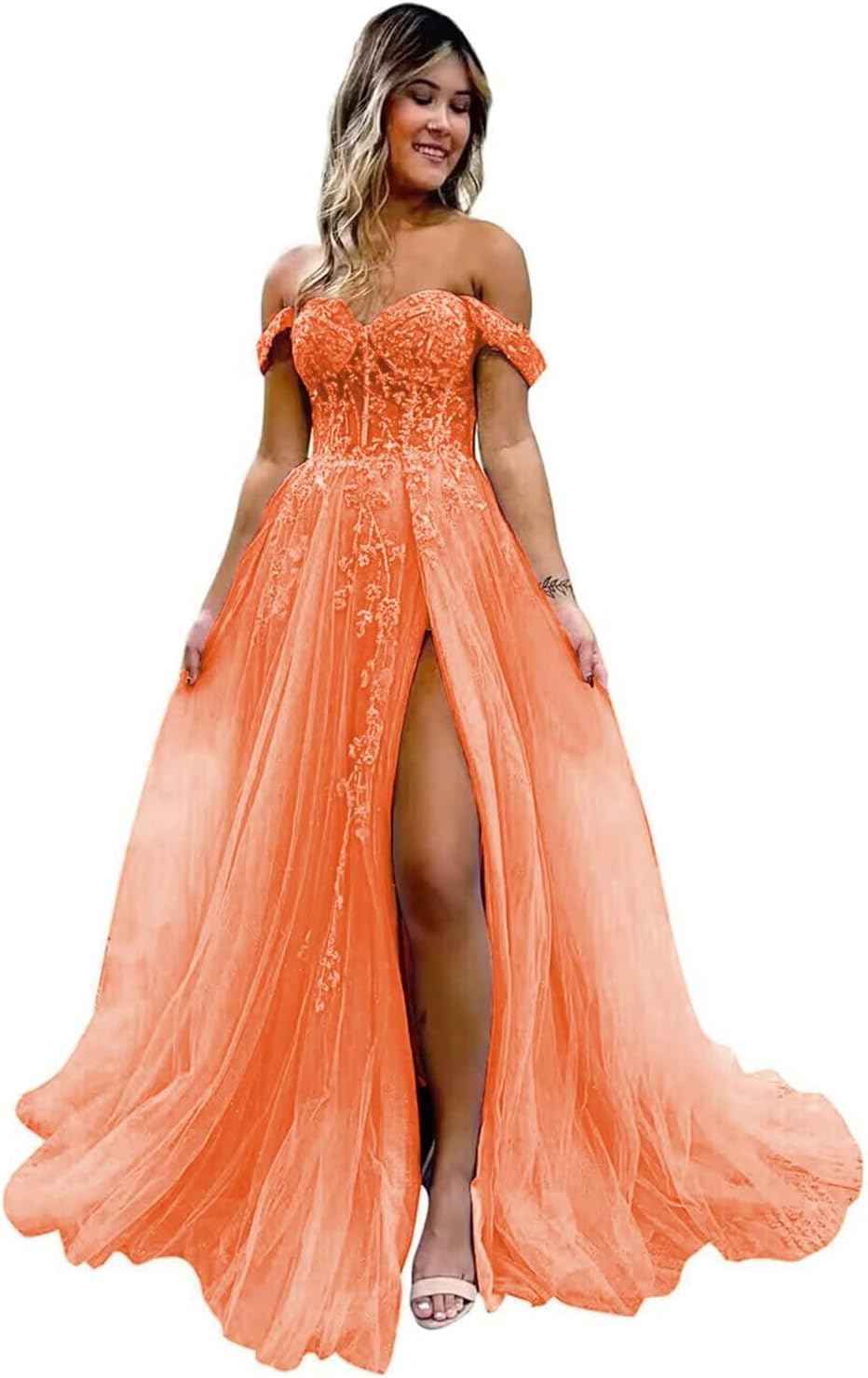 Off The Shoulder Tulle Prom Dresses with Slit Laces Applique Sweetheart Long Formal Evening Party Gowns bmbridal