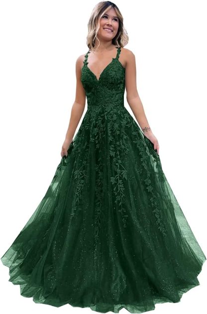 Tulle Lace Appliques Sparkly Prom Dresses A Line with Slit V Neck Formal Party Dress bmbridal
