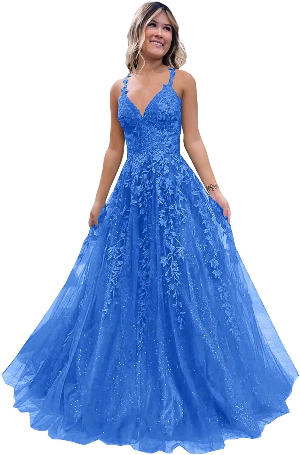 Tulle Lace Appliques Sparkly Prom Dresses A Line with Slit V Neck Formal Party Dress-BMbridal