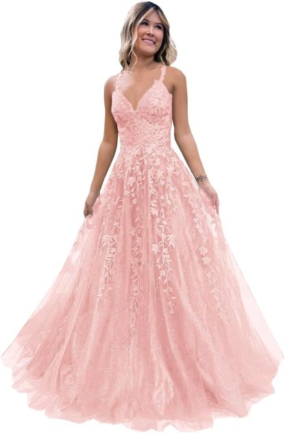 Tulle Lace Appliques Sparkly Prom Dresses A Line with Slit V Neck Formal Party Dress bmbridal