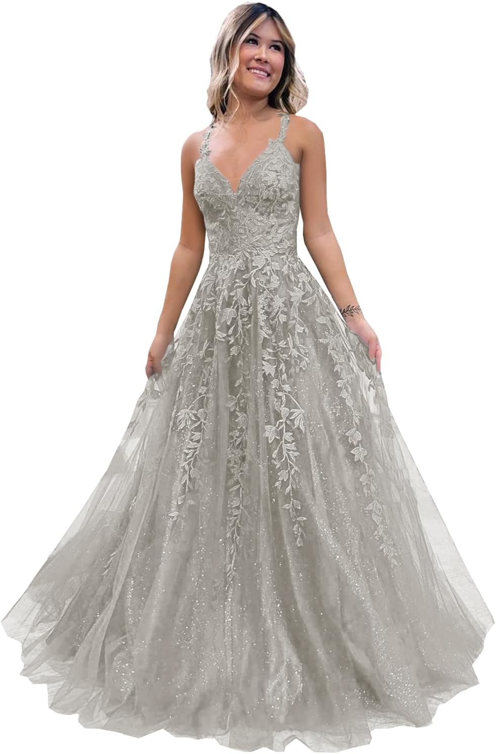 Tulle Lace Appliques Sparkly Prom Dresses A Line with Slit V Neck Formal Party Dress-BMbridal
