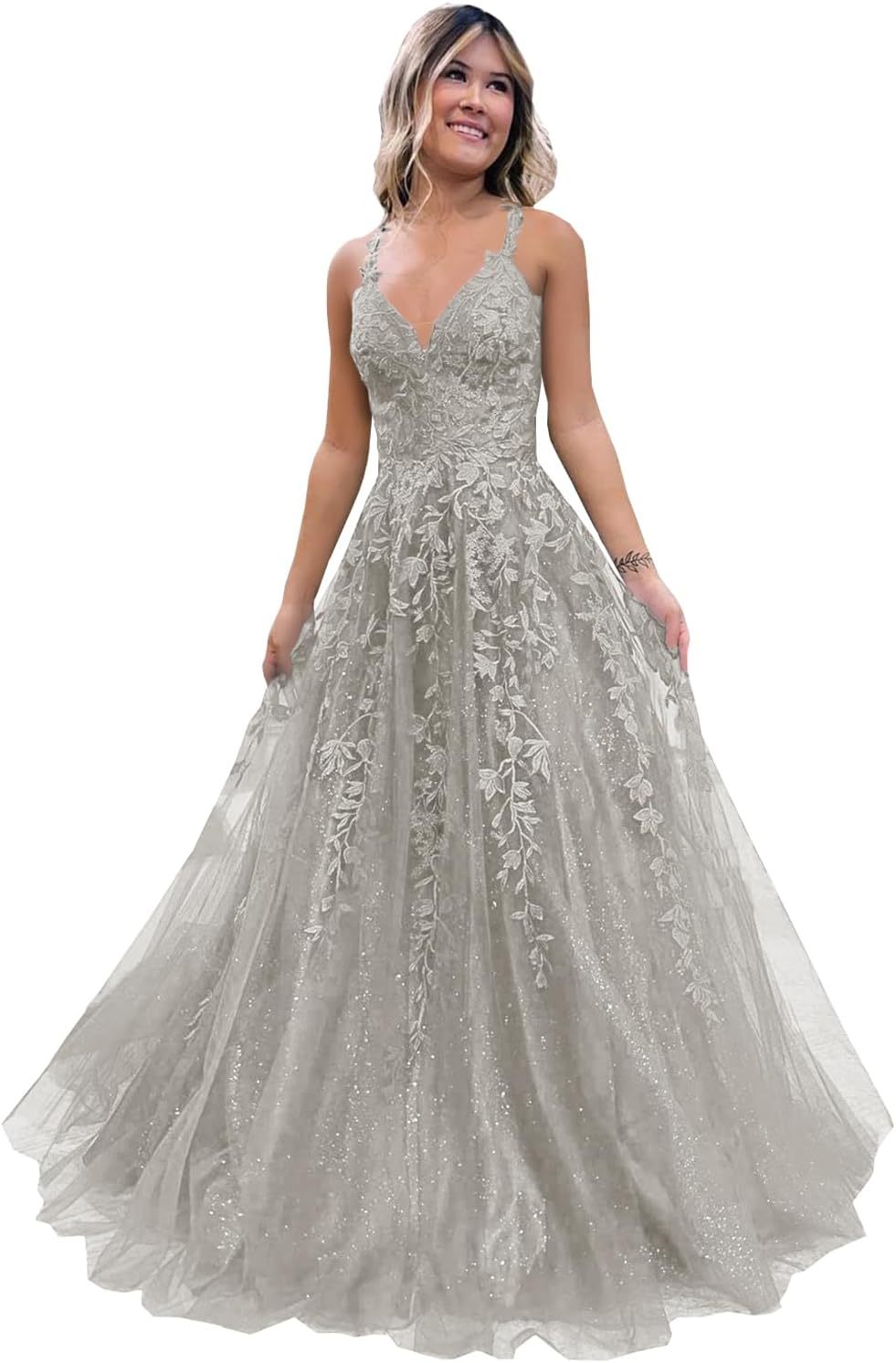 Tulle Lace Appliques Sparkly Prom Dresses A Line with Slit V Neck Formal Party Dress bmbridal