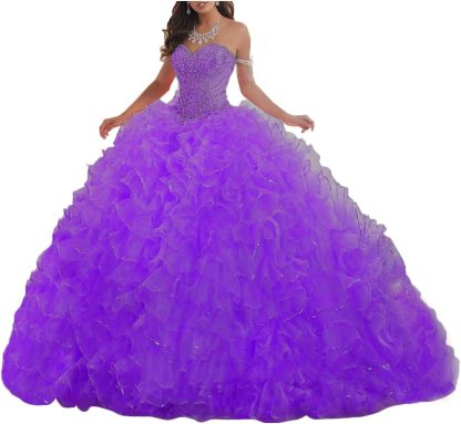 Women's Organza Ruffles Quinceanera Beaded Sweetheart Prom Ball Gown bmbridal