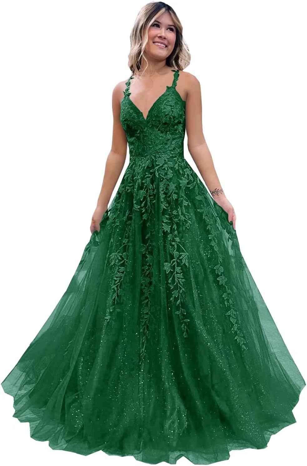 Tulle Lace Appliques Sparkly Prom Dresses A Line with Slit V Neck Formal Party Dress-BMbridal