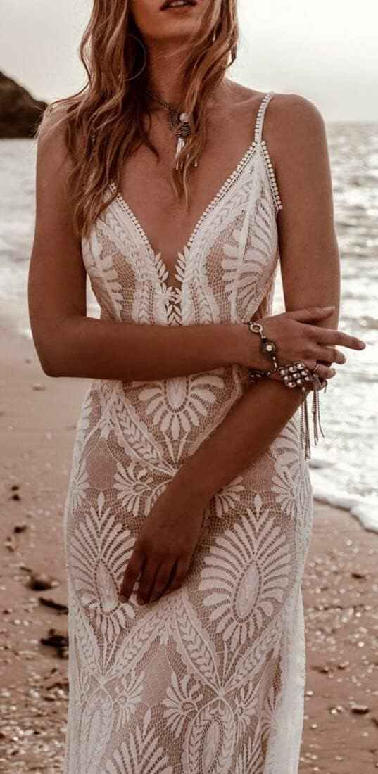 Women's Beach Wedding Dresses for Bride 2022 Vintage Long Sleeves Lace Bohemian Bridal Gown bmbridal
