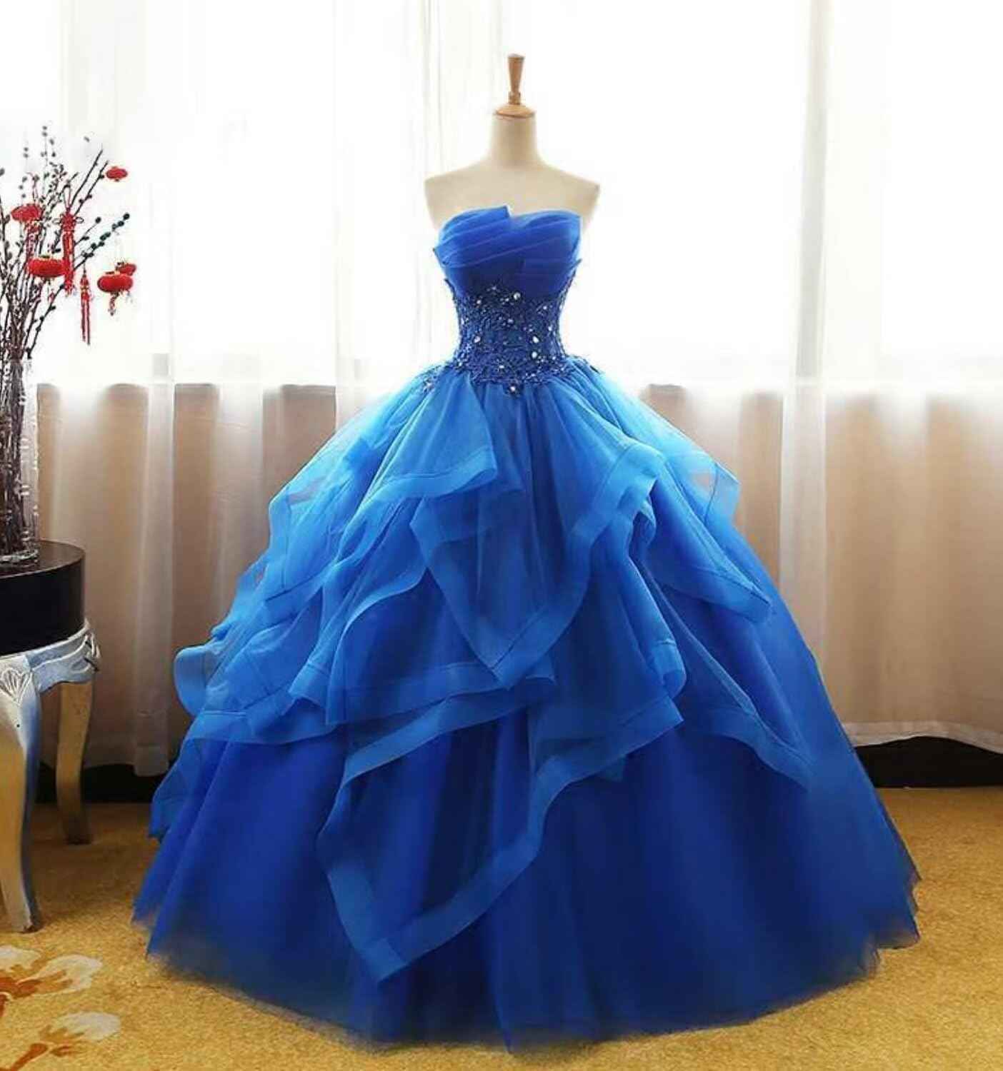 Prom Dress Long Ruffles Ball Gown Quinceanera Dresses Strapless Lace Tulle Beaded Princess Evening Dress bmbridal