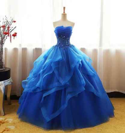Prom Dress Long Ruffles Ball Gown Quinceanera Dresses Strapless Lace Tulle Beaded Princess Evening Dress bmbridal