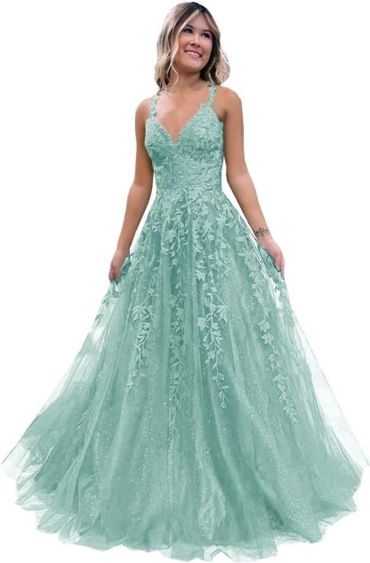 Tulle Lace Appliques Sparkly Prom Dresses A Line with Slit V Neck Formal Party Dress bmbridal