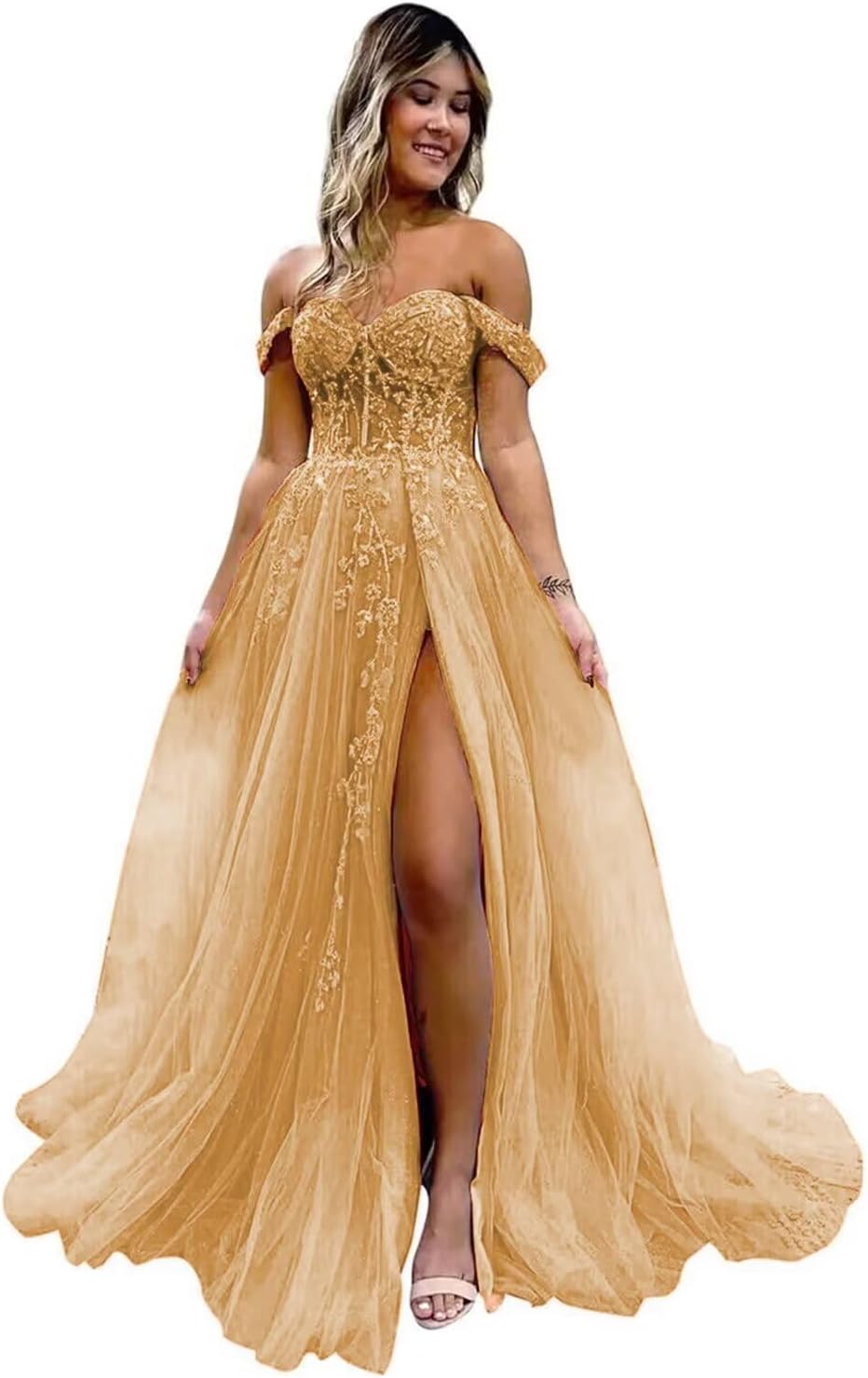 Off The Shoulder Tulle Prom Dresses with Slit Laces Applique Sweetheart Long Formal Evening Party Gowns-BMbridal