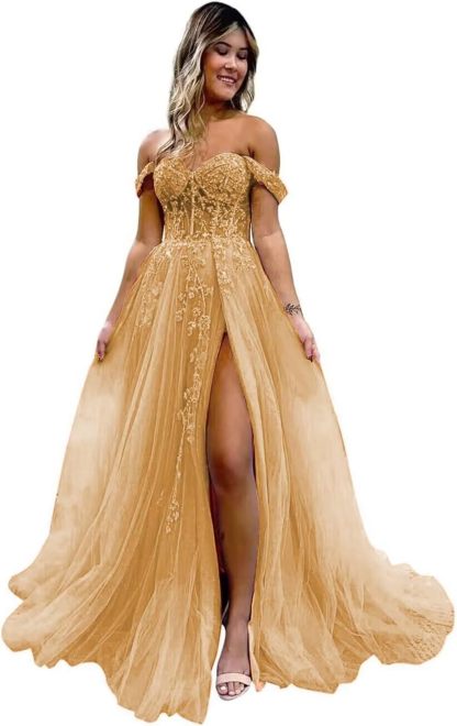 Off The Shoulder Tulle Prom Dresses with Slit Laces Applique Sweetheart Long Formal Evening Party Gowns bmbridal