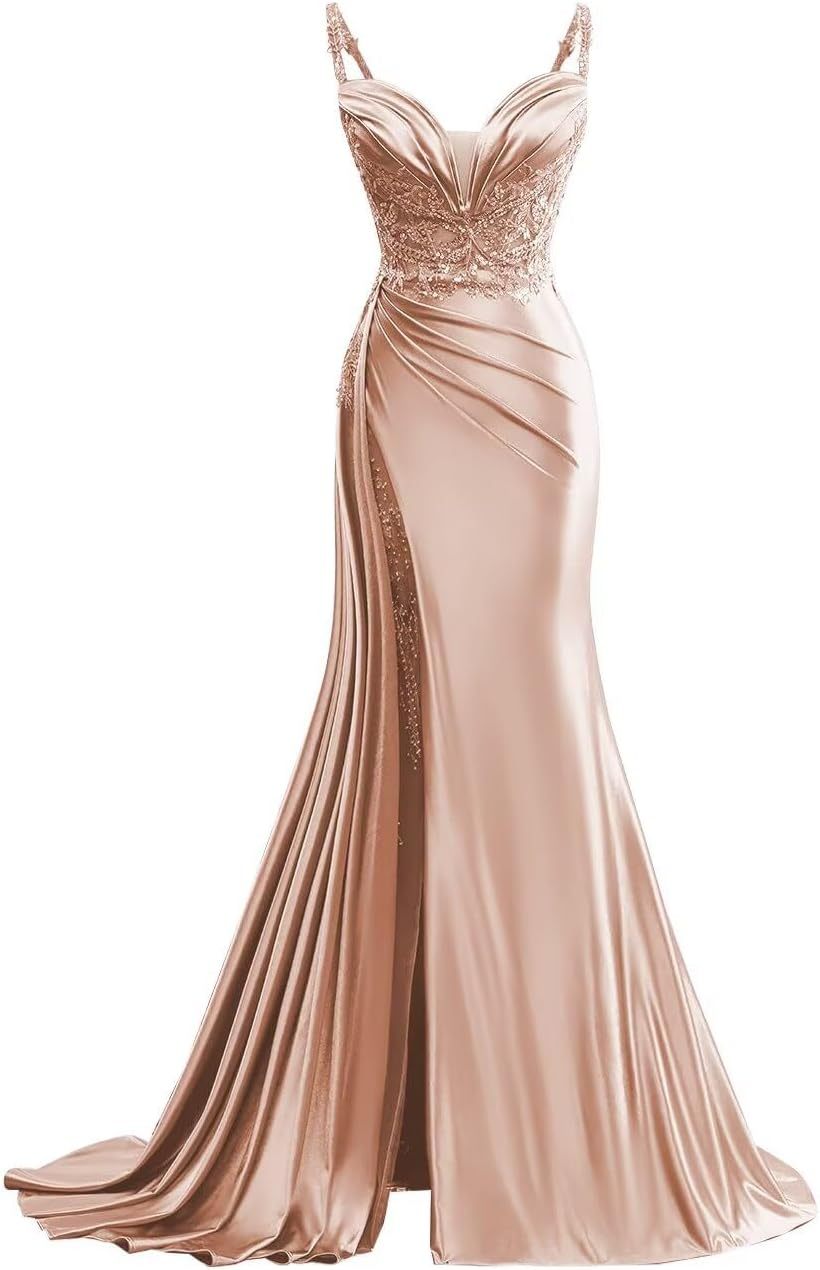 V Neck Satin Prom Dresses Long Mermaid Lace Evening Gown with Slit Pleated Bodycon Formal Dress with Tail bmbridal