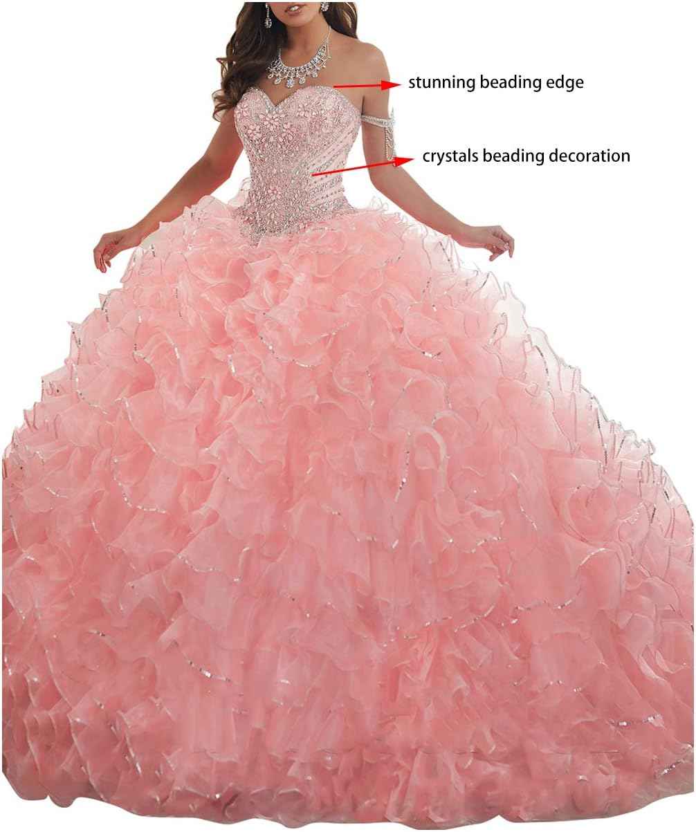 Women's Organza Ruffles Quinceanera Beaded Sweetheart Prom Ball Gown bmbridal