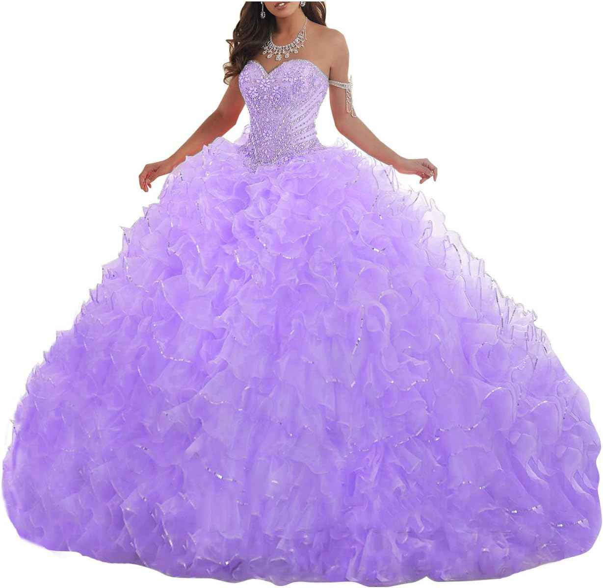 Women's Organza Ruffles Quinceanera Beaded Sweetheart Prom Ball Gown bmbridal