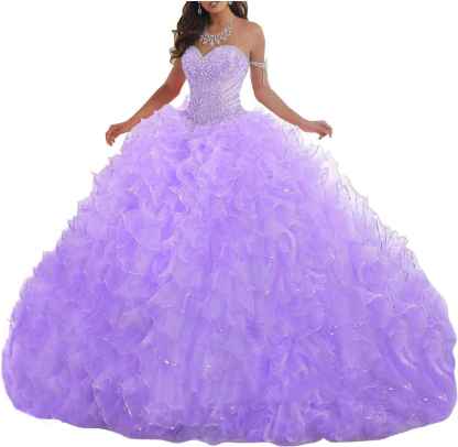 Women's Organza Ruffles Quinceanera Beaded Sweetheart Prom Ball Gown bmbridal