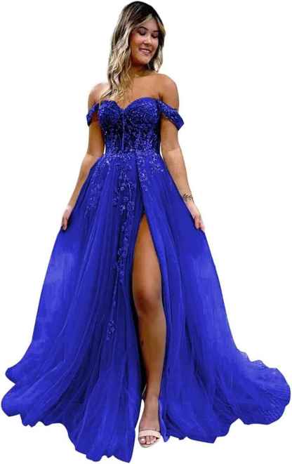 Off The Shoulder Tulle Prom Dresses with Slit Laces Applique Sweetheart Long Formal Evening Party Gowns bmbridal