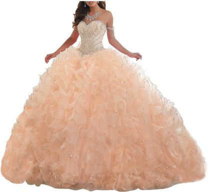 Women's Organza Ruffles Quinceanera Beaded Sweetheart Prom Ball Gown bmbridal