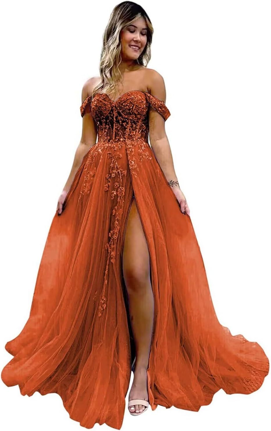 Off The Shoulder Tulle Prom Dresses with Slit Laces Applique Sweetheart Long Formal Evening Party Gowns bmbridal