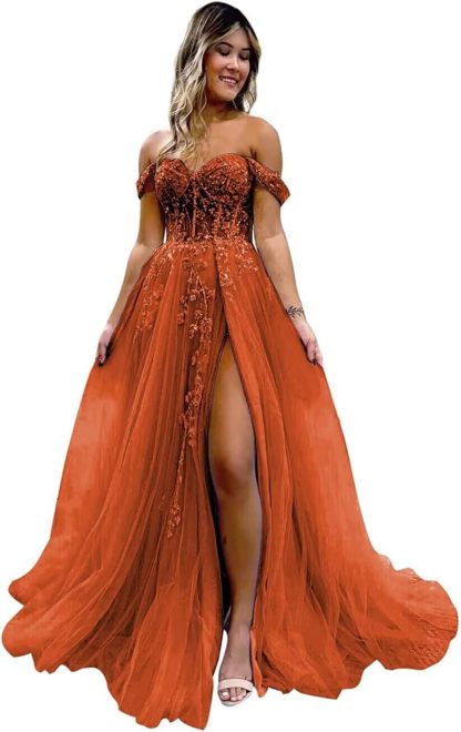 Off The Shoulder Tulle Prom Dresses with Slit Laces Applique Sweetheart Long Formal Evening Party Gowns bmbridal