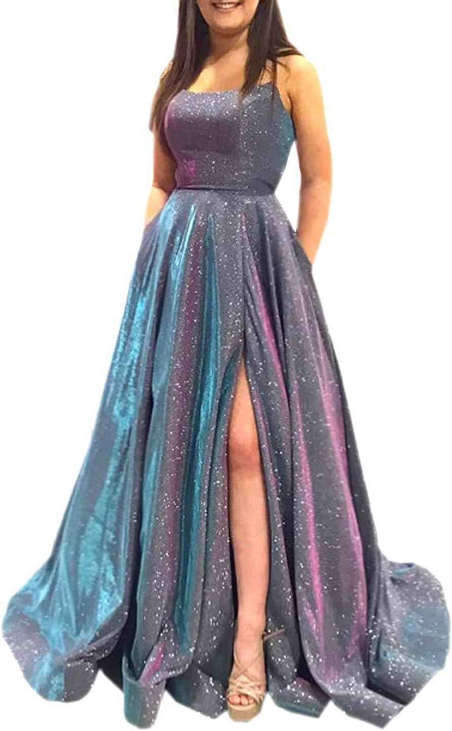 Prom Dresses Long A Line with Pockets Formal Evening Ball Gowns Side Slit Glitter Party Dress bmbridal