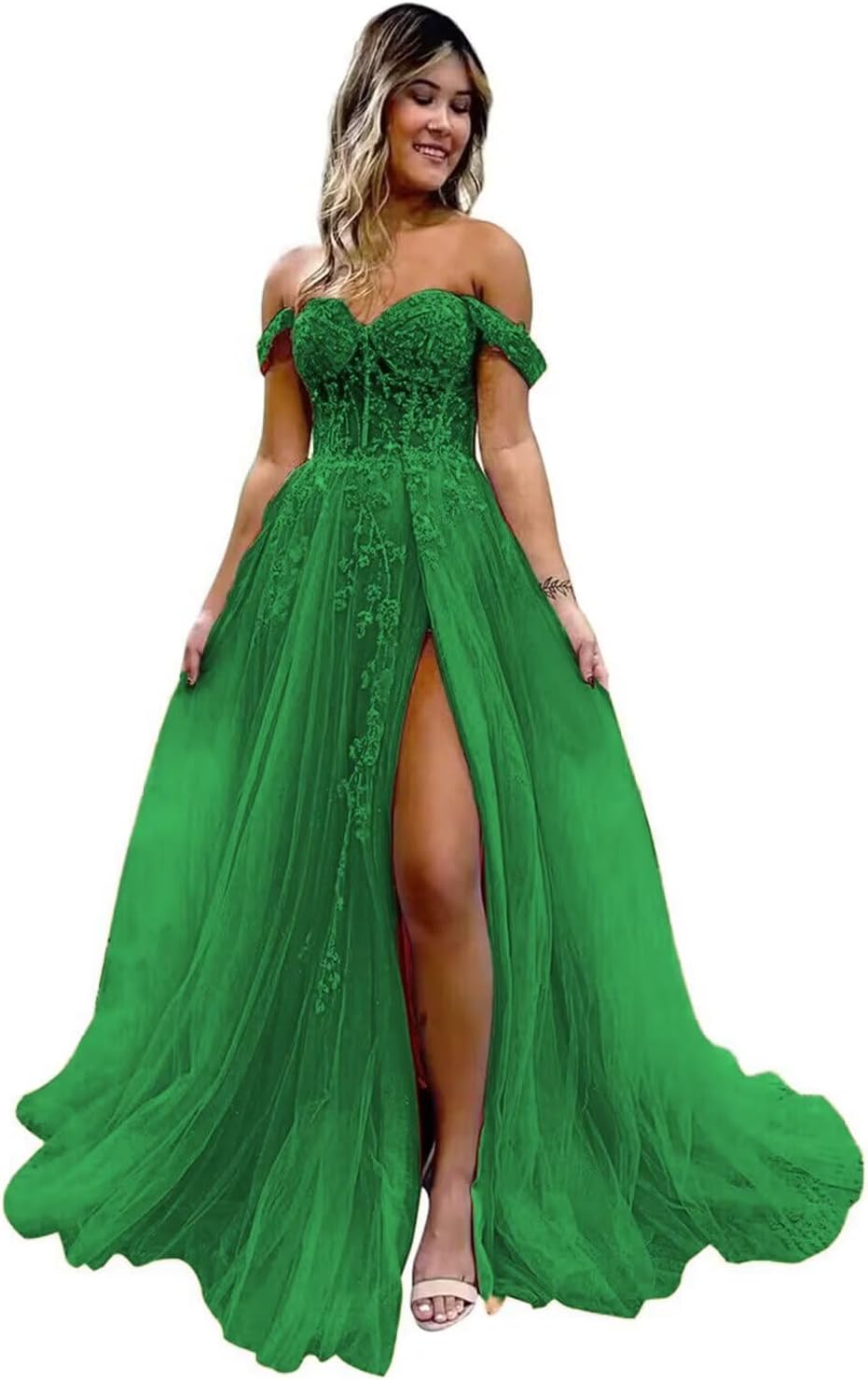 Off The Shoulder Tulle Prom Dresses with Slit Laces Applique Sweetheart Long Formal Evening Party Gowns-BMbridal
