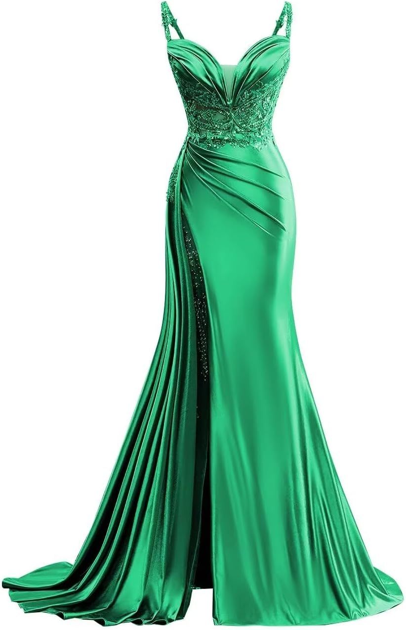 V Neck Satin Prom Dresses Long Mermaid Lace Evening Gown with Slit Pleated Bodycon Formal Dress with Tail bmbridal