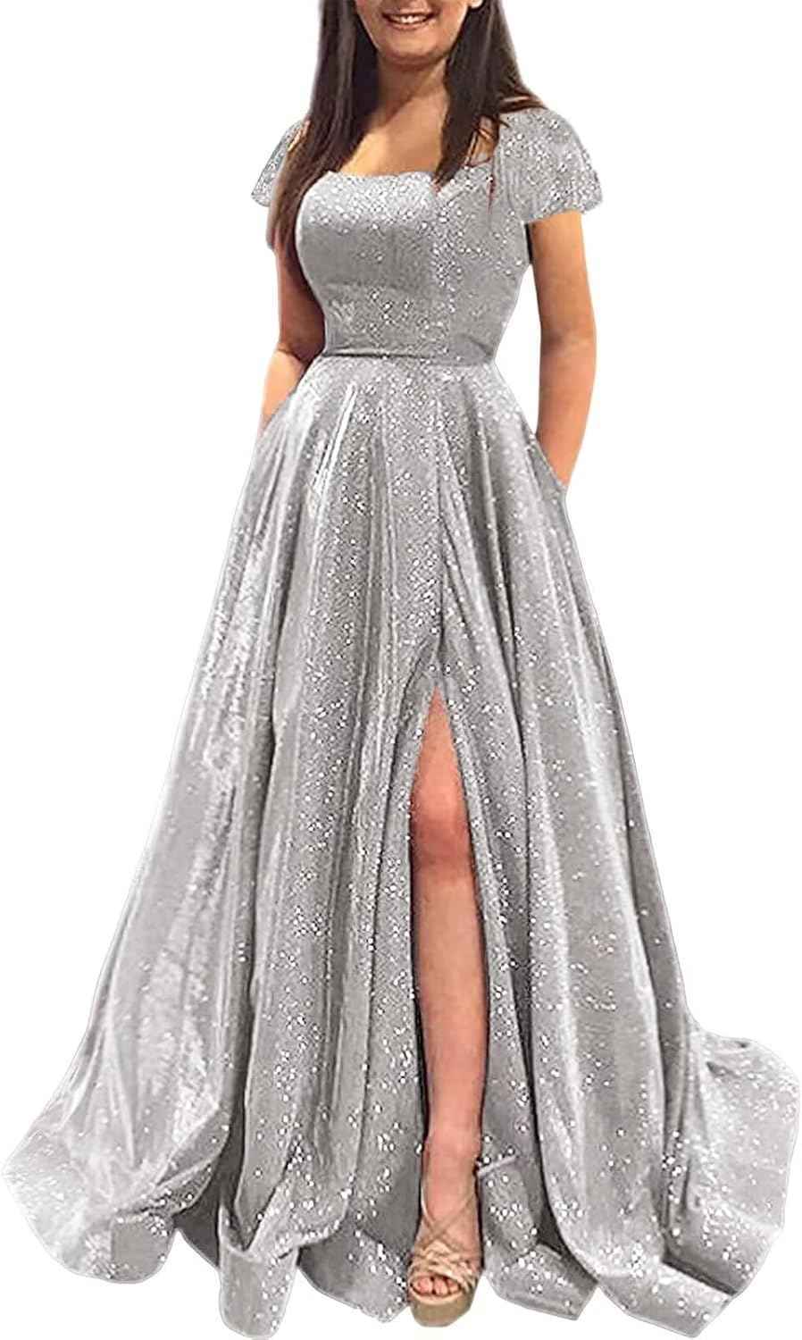 Prom Dresses Long A Line with Pockets Formal Evening Ball Gowns Side Slit Glitter Party Dress bmbridal