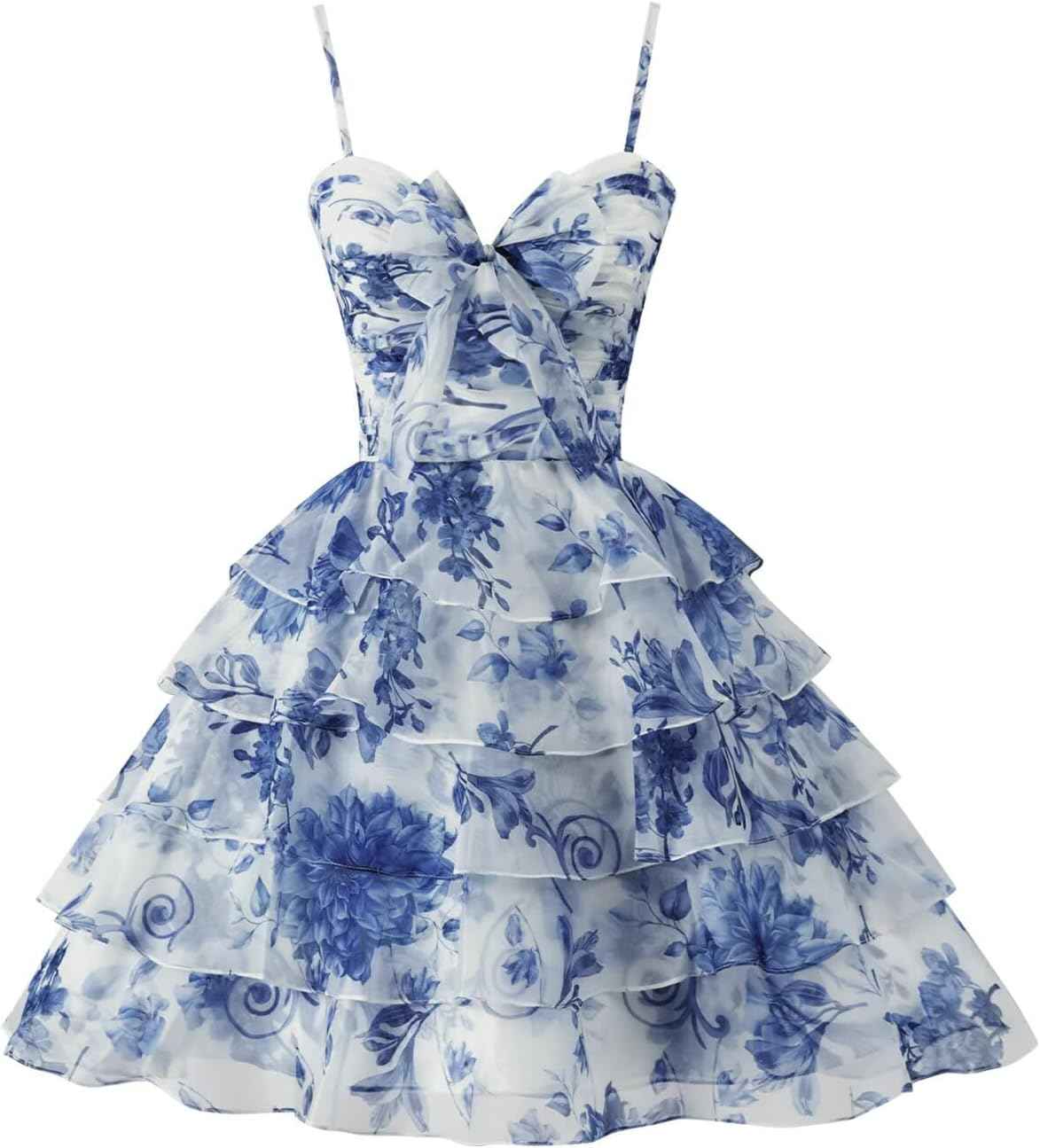 Tiered Ruffles Short Homecoming Dresses with Bow Corset Floral Print Mini Cocktail Party Gown-BMbridal